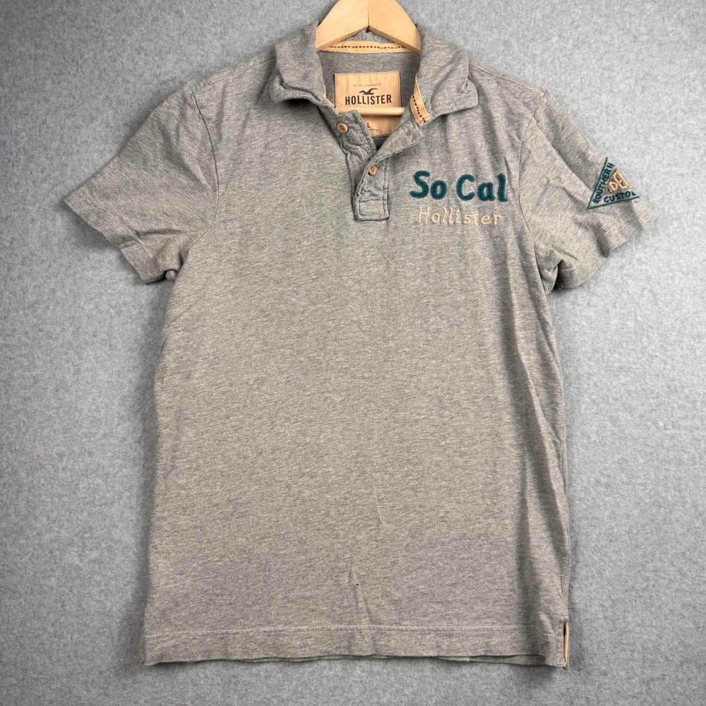 Vintage Hollister Polo Shirt Mens Large Gray Y2K So Cal Embroidered Patch Preppy